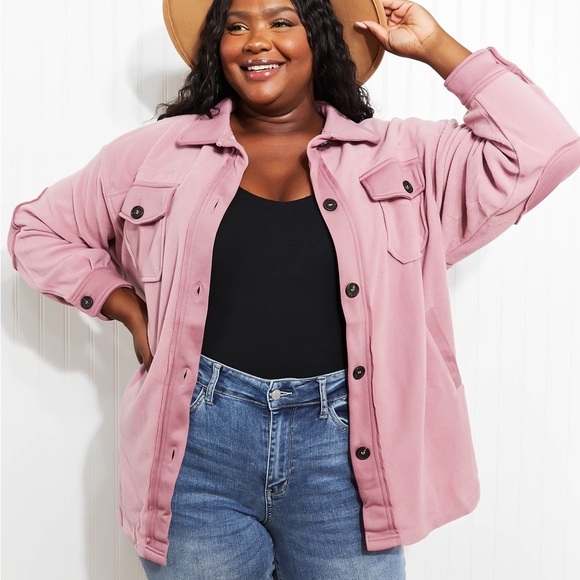 Light Rose Cozy in the Cabin Full Size Fleece Elbow Patch Shacket - Picture 6 of 10